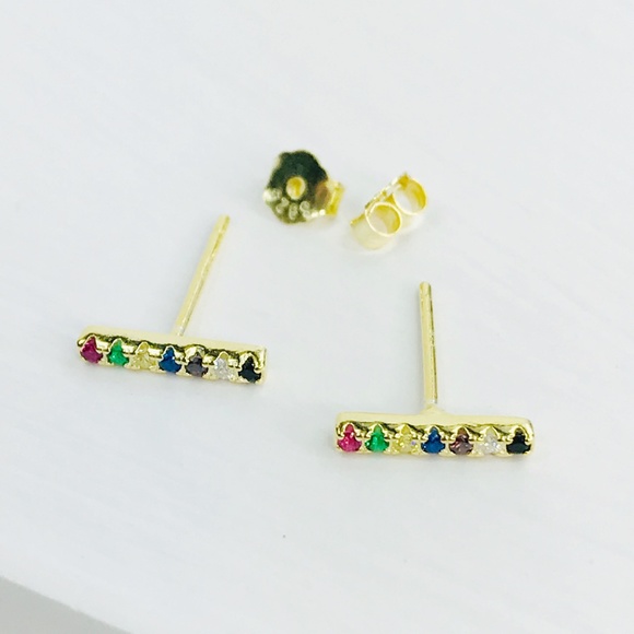 Rainbow CZ Bar Stud Earrings - Picture 4 of 8